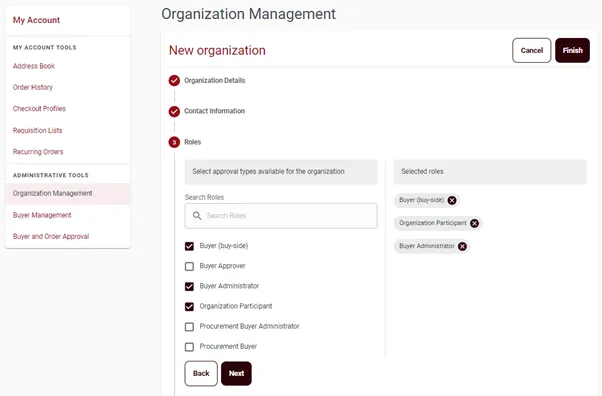 B2B organization management screen for role-based access setup