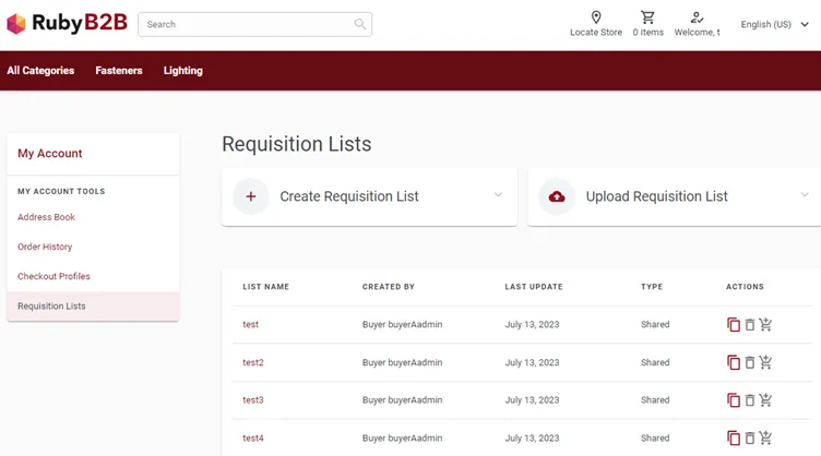 Requisition lists dashboard in RubyB2B showing options to create or upload requisition lists