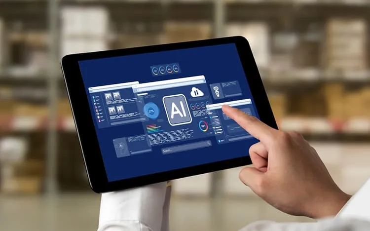 Professional hand touching tablet device displaying HCL Workload Automation AI interface with orchestration dashboard